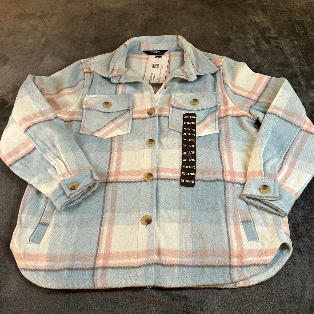 Member's Mark Shacket Jacket Girls XL 14/16 Light Blue Plaid Fleece Button Up